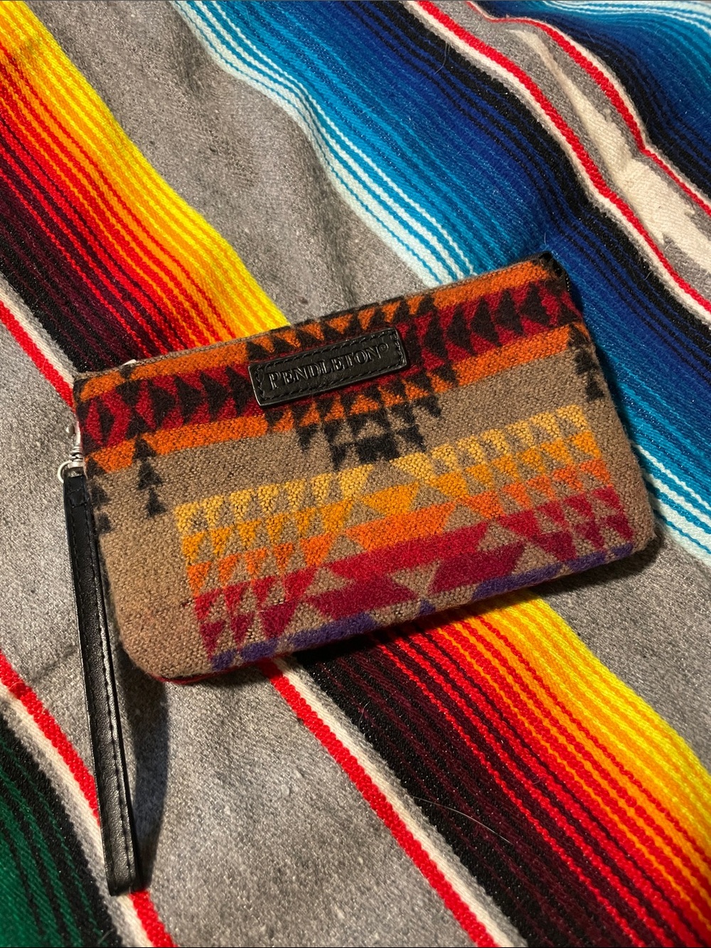 Pendleton Tan Multi Wool Wristlet with Red, Orange & Purple Accents